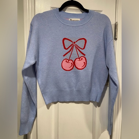 NWT No Boundaries Size S Blue Crew Neck Long Sleeve Soft Sweater Cherries Bow - Picture 1 of 11
